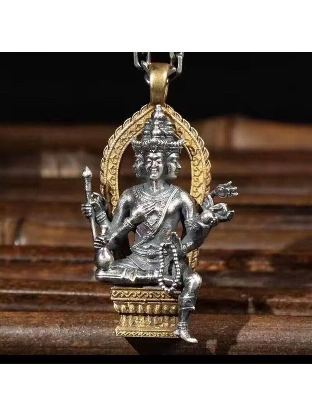 Hindu/Buddhist-Tantric Brahma Four Face Creator God Mixed Metal Necklace 1556